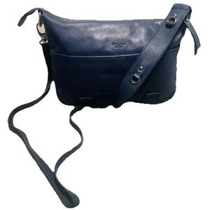 Perlina New York Blue Soft Leather Crossbody Silver Accent Front Strap Handbag
